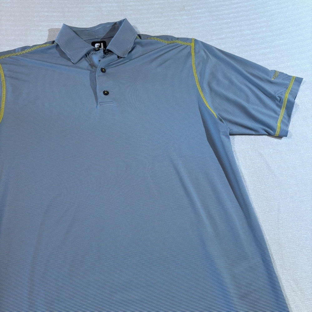 FootJoy Mens Golf Polo Shirt Blue White Stripe Paradise Valley Lime Green Med